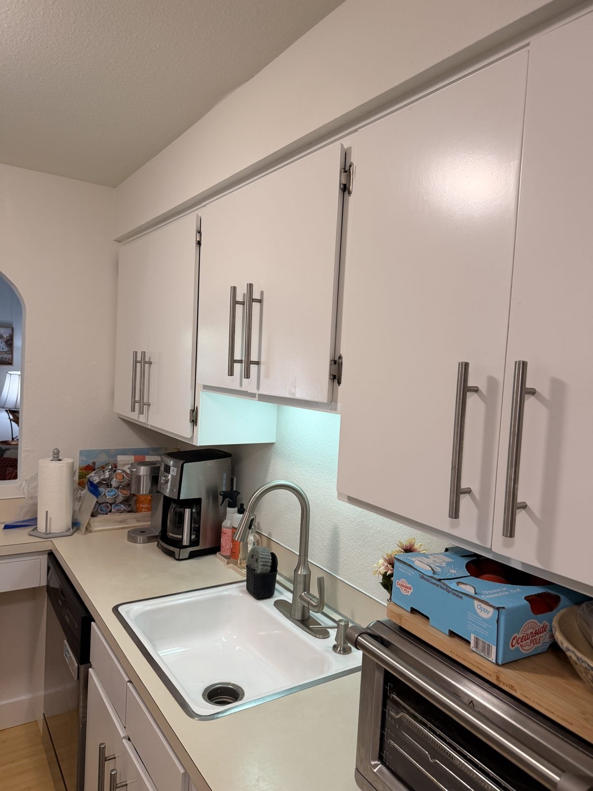Kitchen cabinets painted white after cabinet refinishing in a condo