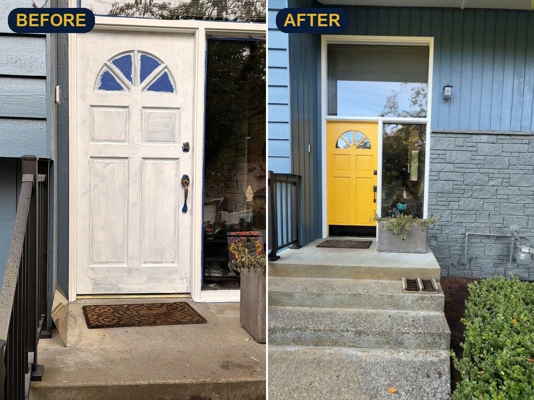 Shoreline front door before and after, white to Sherwin-Williams Goldenrod