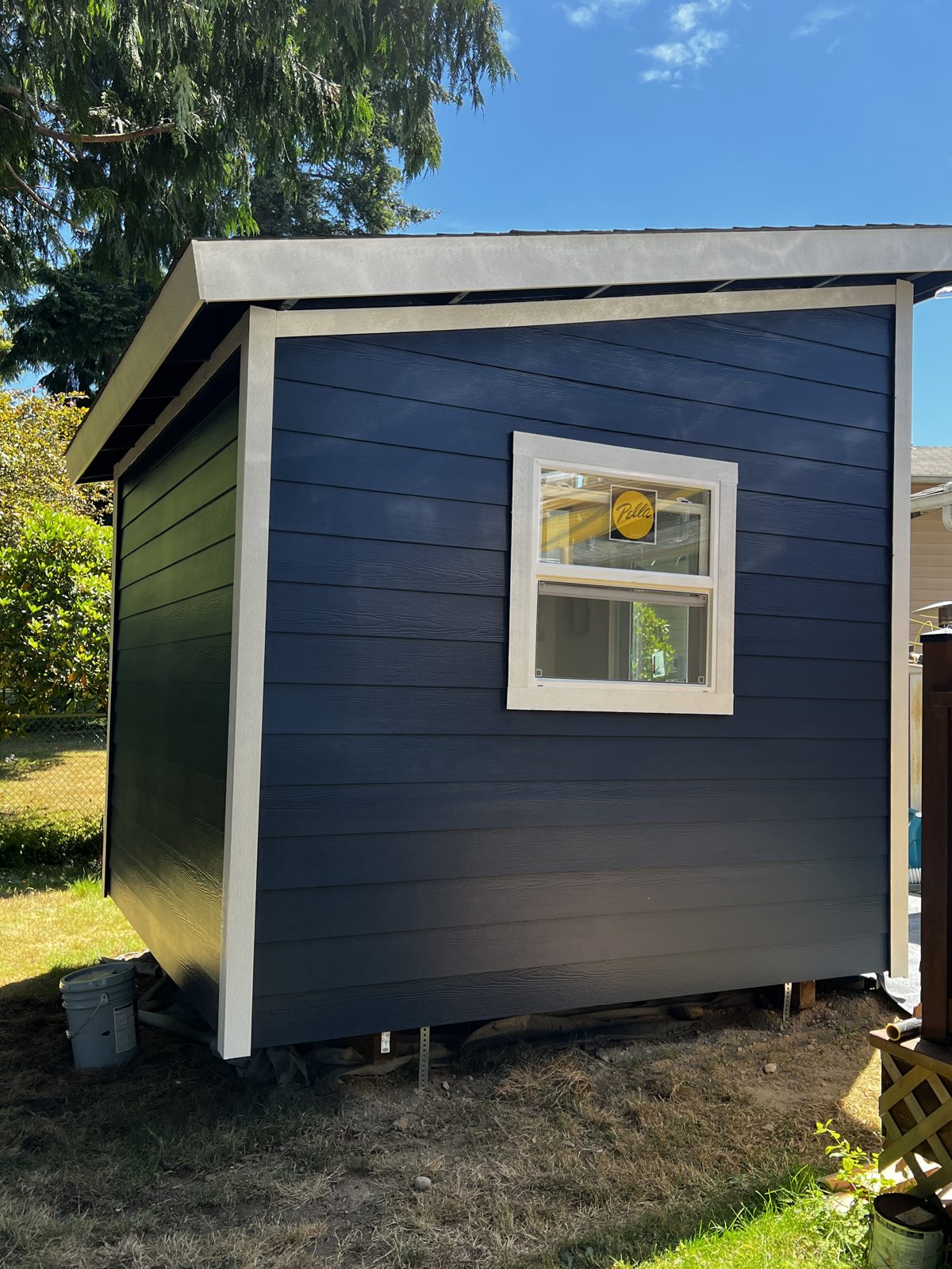 Backyard studio painted navy with white trim in Mountlake Terrace