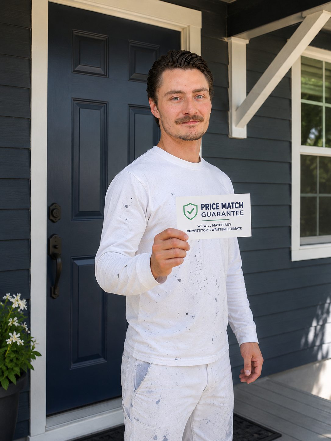 Joey, owner of Miracle Painting Company, holding a price-match guarantee card