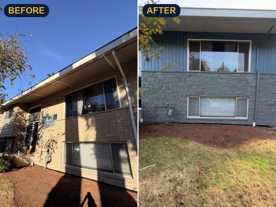 Front of the Shoreline house before and after, tan to Needlepoint Navy with the stone base painted