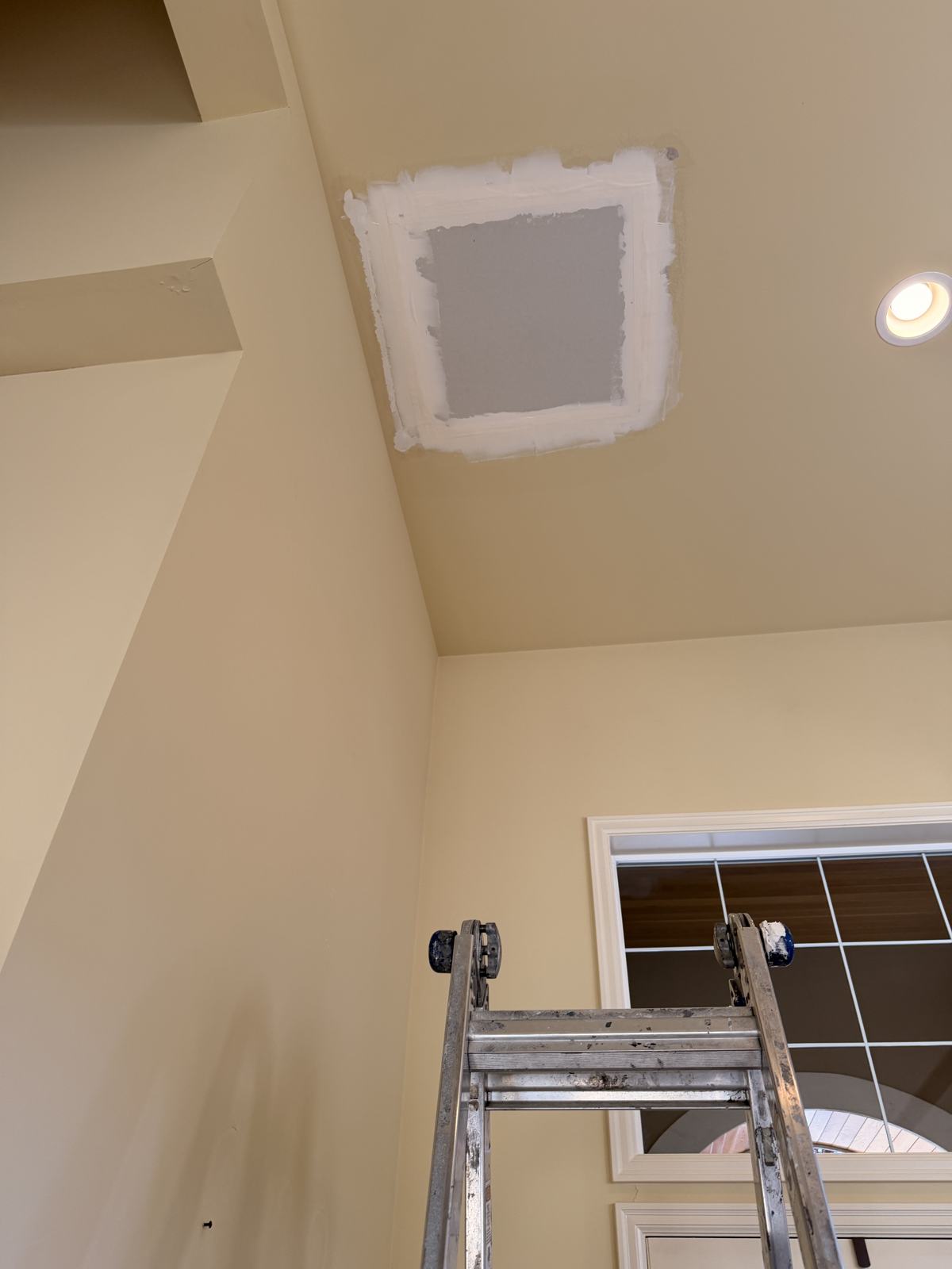 Ceiling drywall patch mudded, sanded and primed