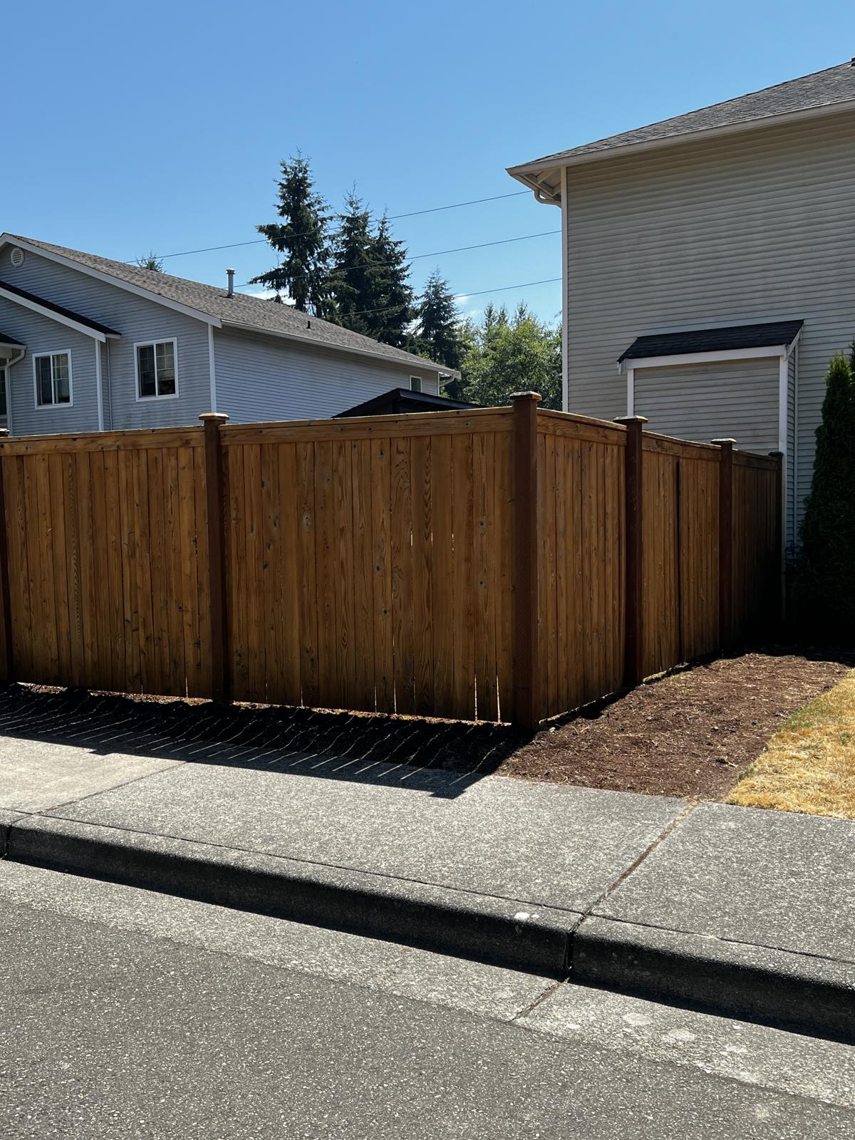 Full fence line in Mukilteo after cleaning and staining with Sherwin-Williams SuperDeck